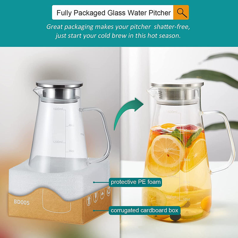 [Australia - AusPower] - Glass Pitcher, 56oz/1600ml Water Pitcher with Stainless Steel Lid and Scale Line for Iced Tea & Juice, Homemade Drinks Glass Jug, Water Jug with Handle for Lemonade, Milk, Cold or Hot Beverage Carafe 