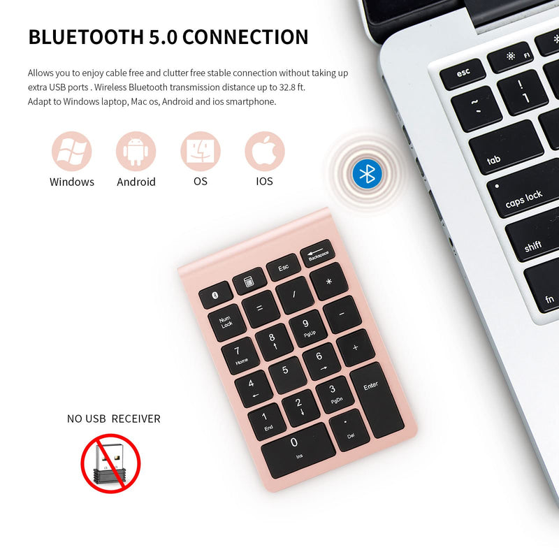 [Australia - AusPower] - Bluetooth Number Pad, 22 Keys Number Keypad with Shortcut Key, 10Keys Portable Financial Accounting Wireless Number Pad, Bluetooth 5.0 Numeric Keyboard for Laptop, PC, Desktop, Pad(Rose Gold) 