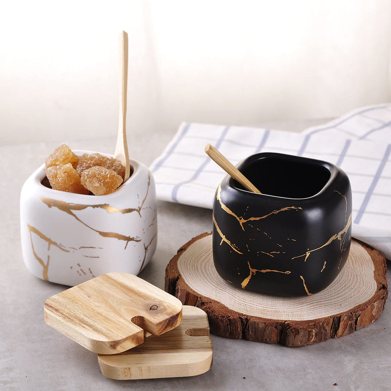 [Australia - AusPower] - VanEnjoy Decorative Marble Inlay Glaze Ceramic Sugar Spice Containers Porcelain Jar with Bamboo Lid and Spoon Condiment Jar for Home White 