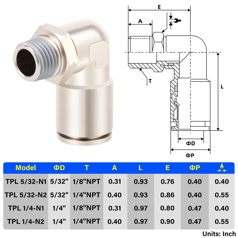 [Australia - AusPower] - TAILONZ PNEUMATIC Elbow 1/4 Inch Tube OD x 1/8 Inch NPT Thread Push to Connect Fittings Copper Nickel Plating TPL-1/4-N1 (Pack of 5) 1/4"OD-1/8"NPT 