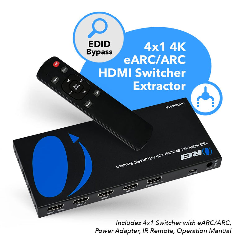 [Australia - AusPower] - OREI 4K 4x1 HDMI Switch with Audio Extractor 4 Input 1 Output - HDMI 2.0. Supports ARC/eARC, CEC, HDR10, and Dolby Vision. (UHDS-401A) 