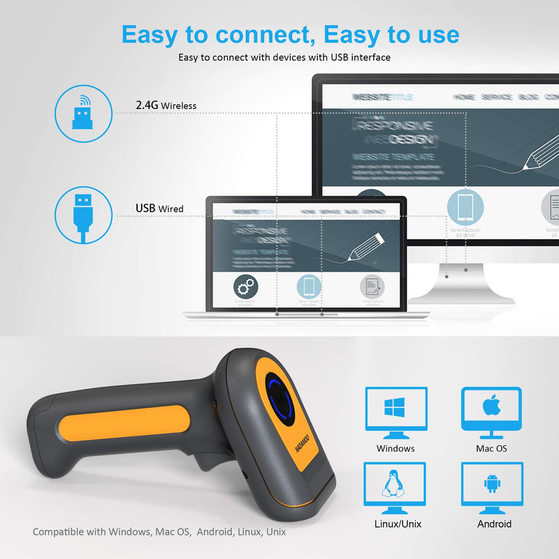 [Australia - AusPower] - NADAMOO Cordless Barcode Scanner, 2D Handheld Barcode Reader with USB Dongle - 5000mAH Largest Battery, Super Long Battery Life, 492ft Transmission Range, 360°Anti-Shock for Store, Warehouse 