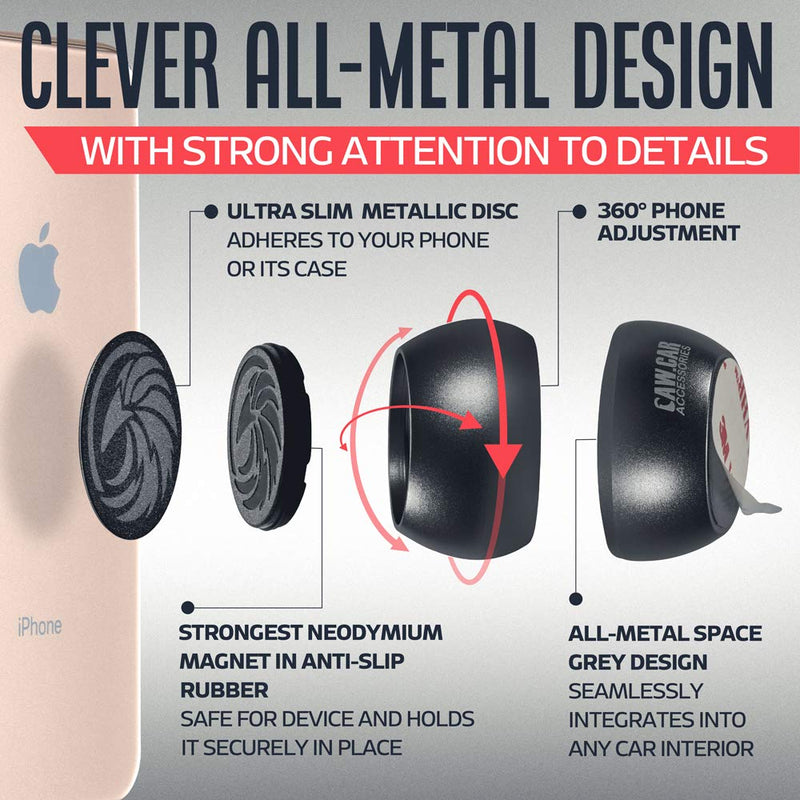 [Australia - AusPower] - Universal Car Phone Mount Magnetic - All-Metal iPhone Car Mount for Any Smartphone or GPS - Truly One-Handed Cell Phone Holder for Car Dashboard 