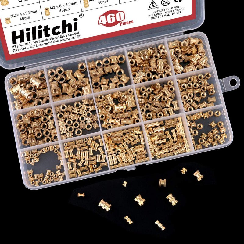 [Australia - AusPower] - Hilitchi 460 Pcs M2 M3 M4 M5 Female Thread Brass Knurled Threaded Insert Embedment Nuts Assortment Kit, Embed Parts, Pressed Fit into Holes for 3D Prints and More Projects 460PCS Assortment Kit 