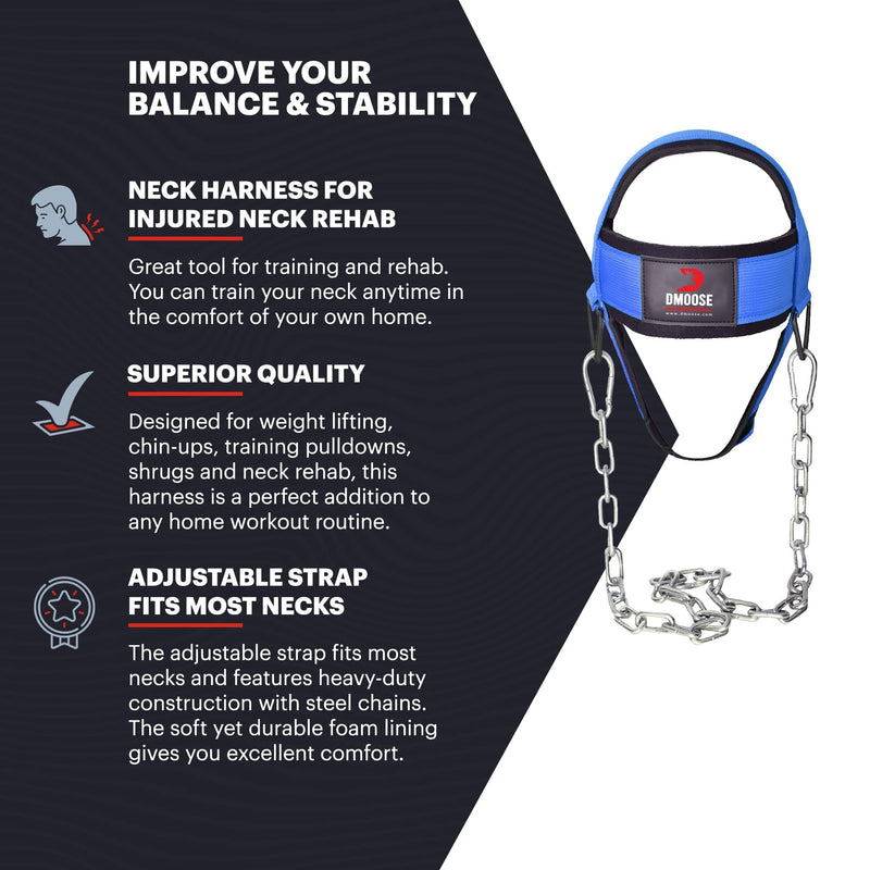[Australia - AusPower] - DMoose Neck Harness for Weight Training, Neck Exerciser for Neck Workout Equipment Gym, Neck Trainer with Adjustable Long Steel Chain and Strap, Neoprene Support Head Harness, Improve Muscle Strength Blue With Support Strap 