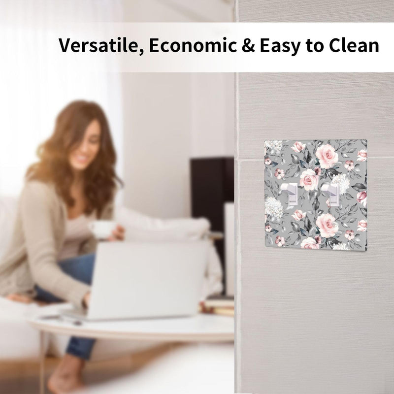 [Australia - AusPower] - LWDZLHD Rose Flowers Light Switch Cover 2 Gang Double Toggle Pink Floral Grey Leaves Decorative Electrical Wall Plate Switchpalte Outlets Faceplate for Bathroom Kitchen Bedroom Home 4.5" x 4.5" Pink Flowers Floral 