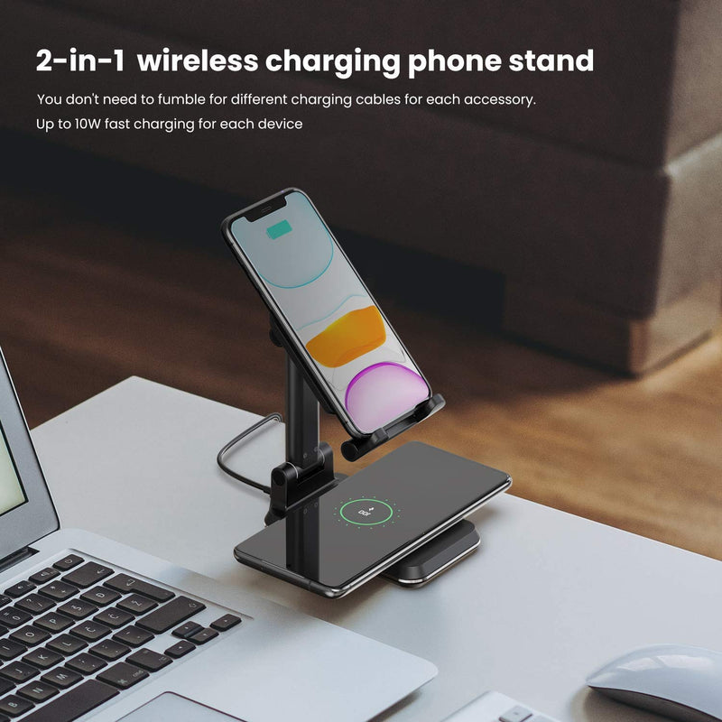 [Australia - AusPower] - Wireless Charging Phone Stand,Foldable Desktop Cell Phone Tablet Stand,10W Max Qi-Enabled Wireless Charging Multi-Angle Adjustable Metal Phone Holder for iPhone 11/ES/MAX/XS/XR/X/8,AirPods/Pro 