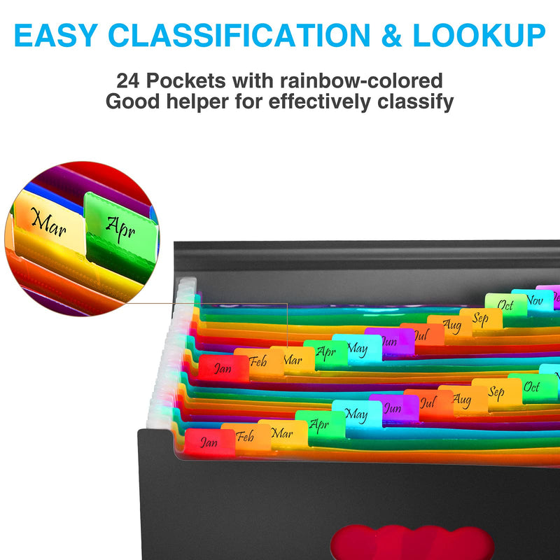 [Australia - AusPower] - Sooez 24 Pockets Expanding File Folder with Blank Labels, According File Organizer with Expandable Cover, Desktop Accordion Folders Letter A4 Paper Document Storage Organizer, Black 