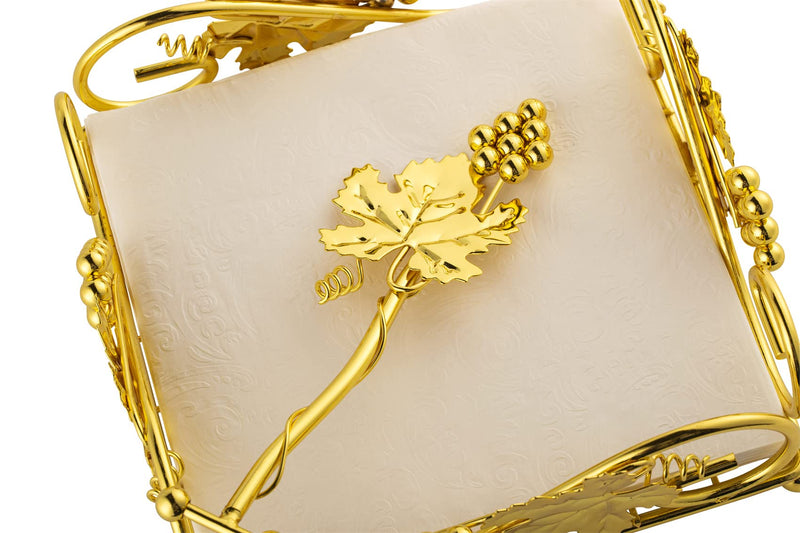 [Australia - AusPower] - Flat Napkin Holder Gold With Weight Arm for Kitchen Courtertops Dinning Table Grape Leaf Modern Tissue Dispenser Stainless Steel Gilding (7" L X 7" W X 2.5" H) 