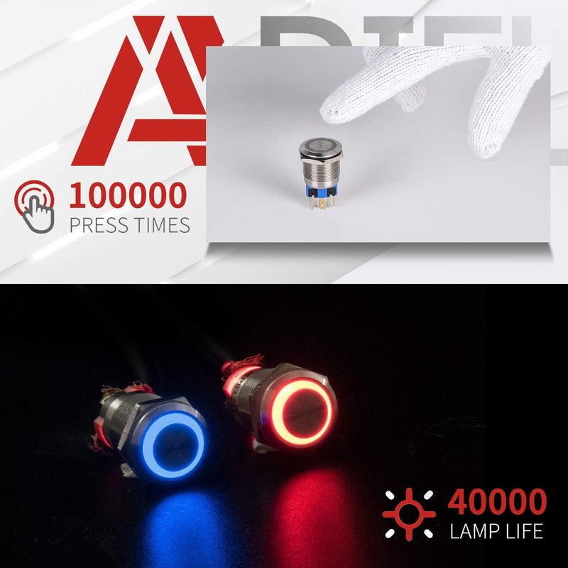 [Australia - AusPower] - APIELE (Pcs of 2) 12mm Latching Push Button Switch High Round Head Stainless Steel 1 Normally Open with Ring Led (Blue) Blue 