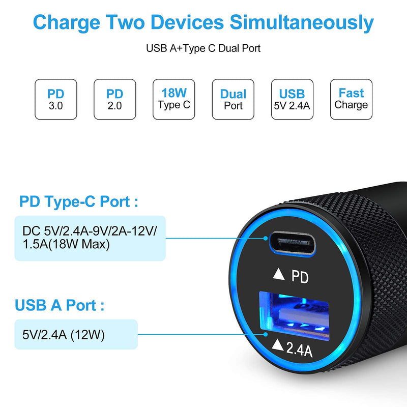 [Australia - AusPower] - USB C Car Charger Fast Charging,38W 2 Port PD&QC Quick Car Charger Adapter Plug with 2Pack USB Type C Cable for Samsung Galaxy S22/S21/A52/A42/A32/A12 Google Pixel 6 Pro/5/4/3/XL,Note 20/10/9,LG 
