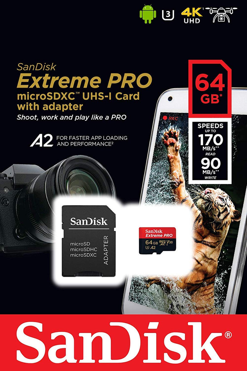 [Australia - AusPower] - SanDisk 64GB Micro SDXC Extreme Pro Memory Card (2 Pack) Works with GoPro Hero 8 Black, Max 360 Action Cam U3 V30 4K Class 10 (SDSQXCY-064G-GN6MA) Bundle with 1 Everything But Stromboli Card Reader 
