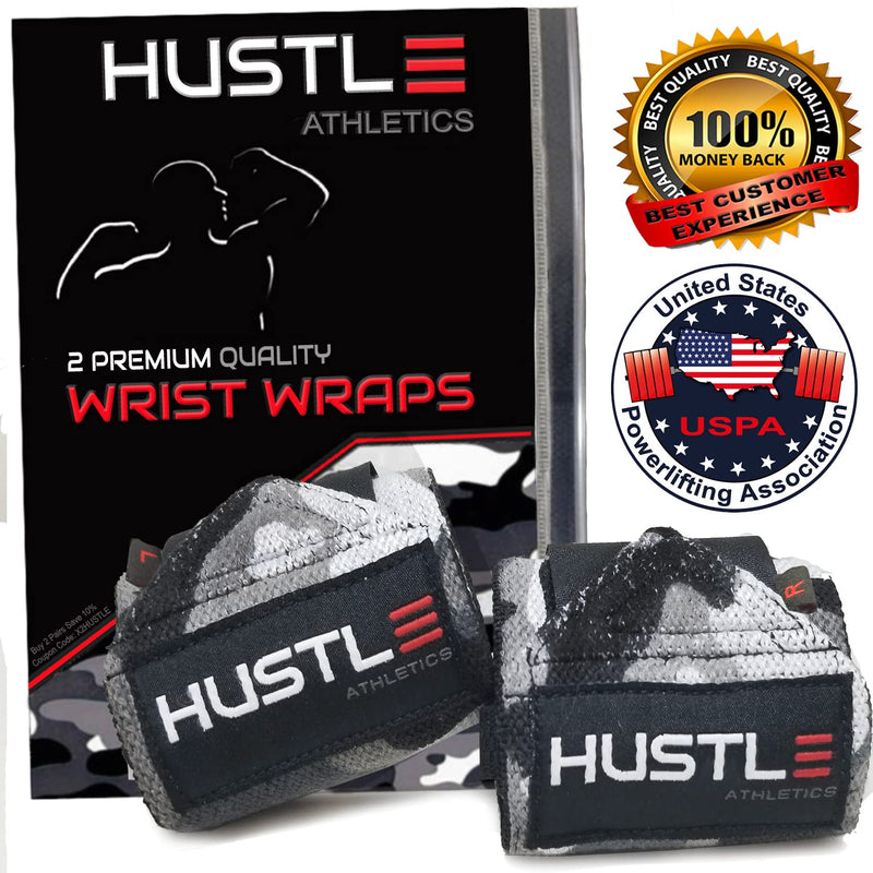 [Australia - AusPower] - Hustle Athletics Wrist Wraps Weightlifting - Best Support for Gym & Crossfit - Brace Your Wrists to Push Heavier, Avoid Injury & Improve Your Workout Instantly - for Men & Women Arctic Camo 12" 