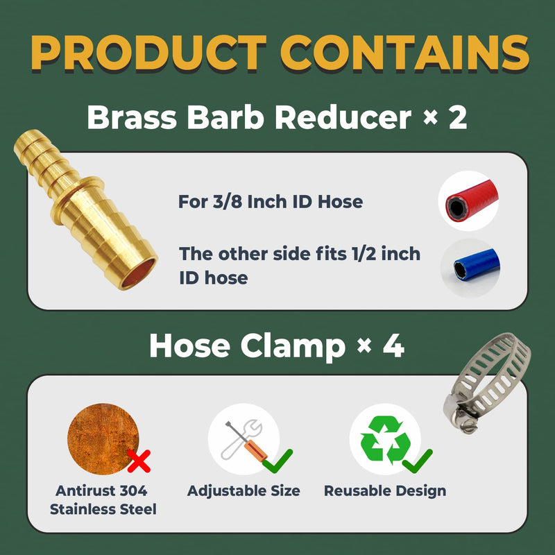 [Australia - AusPower] - Brass Hose Barb Reducer 2 PCS, LIONMAX Hose Barb Fittings Adapter, 3/8'' to 1/2'' Barb Hose ID, with 4 Hose Clamps, Splicer Mender Union, for Air/Water/Fuel 