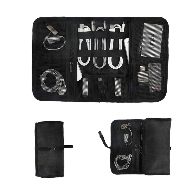 [Australia - AusPower] - Patu Roll Up Electronics Accessories Travel Gear Organizer Case, Black - Portable Universal External Batteries Hard Drives Cable Management Healthcare Cosmetics Kit Bag 