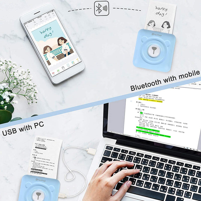 [Australia - AusPower] - PeriPage Mini Printer, Portable Sticker Bluetooth Printer for Printing Student Notes, Journal, Memo, Mobile Printer, Pocket Printer, Received Printer with USB Cable, Supports Android iOS Windows-Blue Blue 
