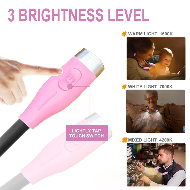 [Australia - AusPower] - AUGELUX LED Neck Reading Light, Rechargeable Book Light for Reading in Bed,3 Brightness, Hands Free, USB-C Fast Charge, Lightweight, Arms Bendable Neck Light for Reading, Knitting, Crafts, Repairing Pink 