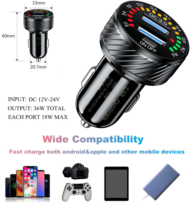 [Australia - AusPower] - BARCOVAN Car Charger, Dual QC3.0 Port USB Car Charger Adapter, 36W 3A Fast Charge Car Phone Charger with Colorful Voltmeter & ON/Off Switch 