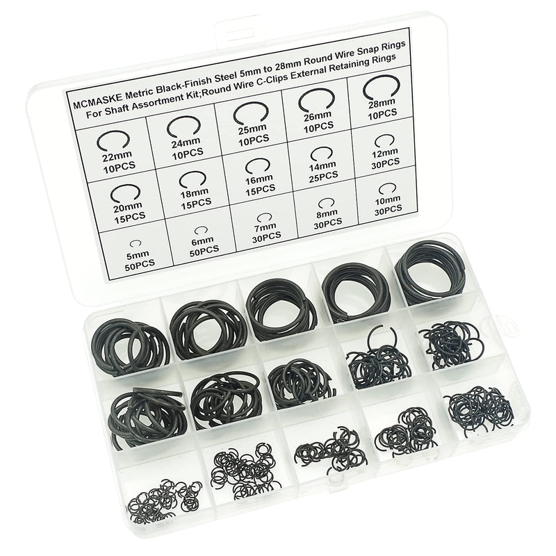 [Australia - AusPower] - MCMASKE Metric 5mm to 28mm Round Wire C-Clips External Retaining Rings Assortment Kit;Round Wire Snap Rings for Shaft(Black-Finish Steel? 