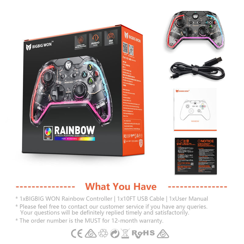 [Australia - AusPower] - PC Controller, BIGBIG WON Rainbow Wired Game Controller RGB Light, Custom Back Button, Motion Aim, Dual Motor, Linear Trigger, 3.5mm Audio PC Gaming Controller for Win11&10 Controller for Switch - 1pc 