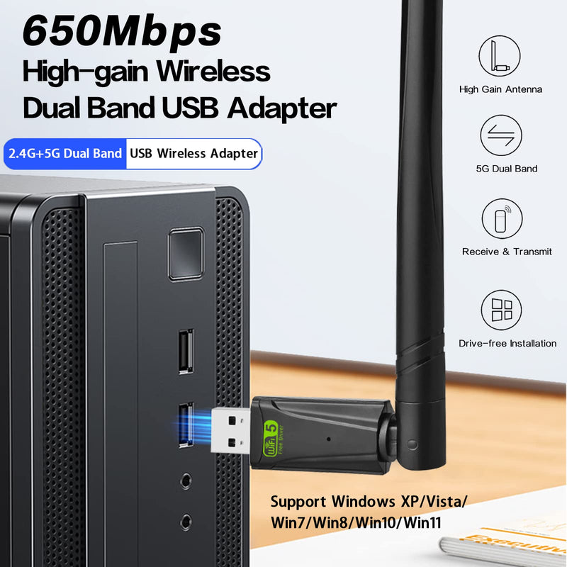 [Australia - AusPower] - WiFi Antenna,USB WiFi 600 Mbps with 2.4GHz/5GHz,High Gain Dual Band 5dBi Antenna,Supports Windows XP/7/8/8.1/10/11 
