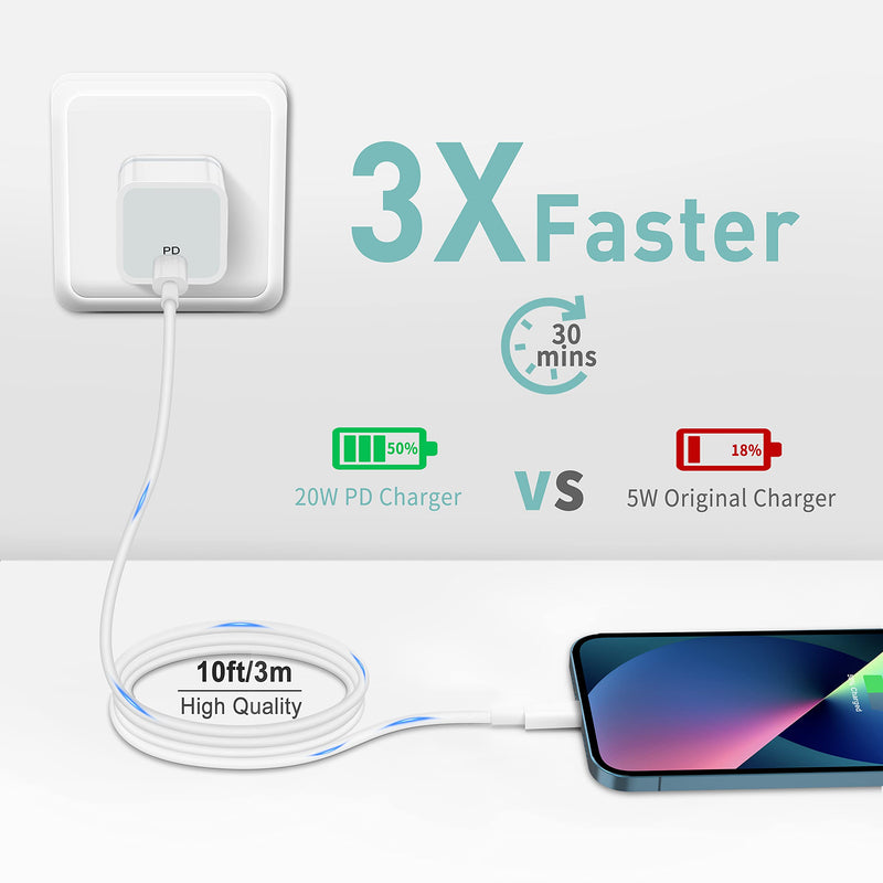 [Australia - AusPower] - iPhone 13 Fast Charger 10FT, [MFi Certified] ARCCRA USB C Wall Charger Fast Charging 20W PD Adapter with 10Foot Long Type-C to Lightning Cable for iPhone 13 12 Pro Max Mini 11 XS XR X 8, More 