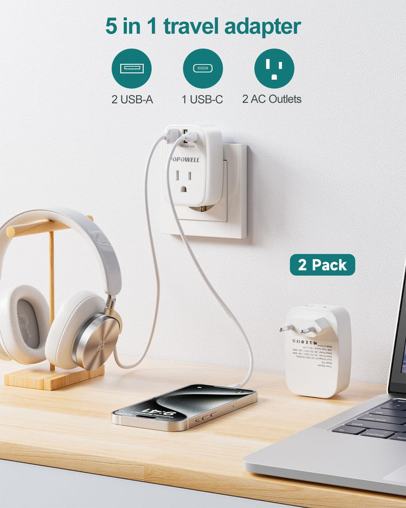 [Australia - AusPower] - 2 Pack European Travel Plug Adapter USB- International Plug Adapter with 2 Outlets 3 USB Charger(1 USB C), Type C Travel Adapter Worldwide for US to Spain Italy France Greece Iceland Germany. 