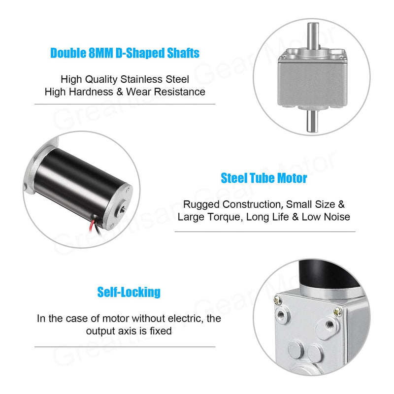 [Australia - AusPower] - Greartisan DC 12V 250RPM 2Kg.cm 8mm Double Shafts Self-Locking Reversible Worm Gear Motor with Cable, High Torque Speed Reduction Motor, Turbine Electric Gearbox Motor 