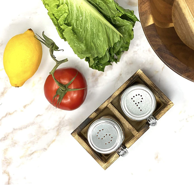 [Australia - AusPower] - Mason Jar Salt and Pepper Shakers Set with Wood Caddy, Easy to Clean & Refill for Farmhouse Kitchen Table, Rustic Home Decor and Gifts Clear 