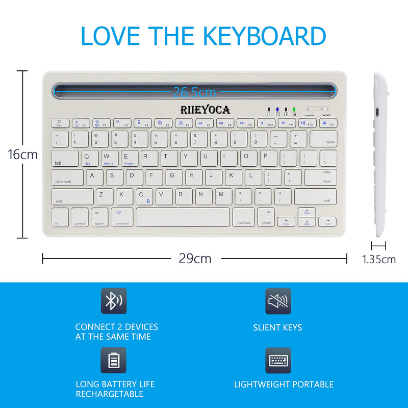 [Australia - AusPower] - RIIEYOCA Multi-Devcie Bluetooth Keyboard, Dual Mode & Rechargeable Slim Wireless Keyboard, Switch to 2 Devices Compatible for iOS/Android/Windows/Desktop/PC/Notebook/Tablet/Smartphones (White) 