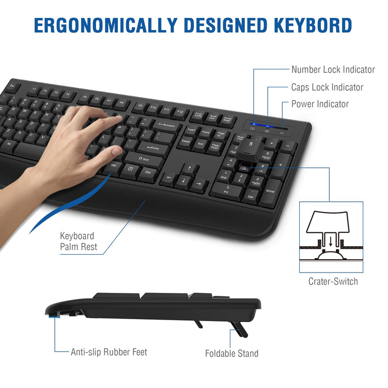 [Australia - AusPower] - Wireless Keyboard, EDJO 2.4G Ergonomic Full Size Wireless Computer Keyboard with Wrist Rest for Windows, Mac OS Desktop/Laptop/PC（Black） black 