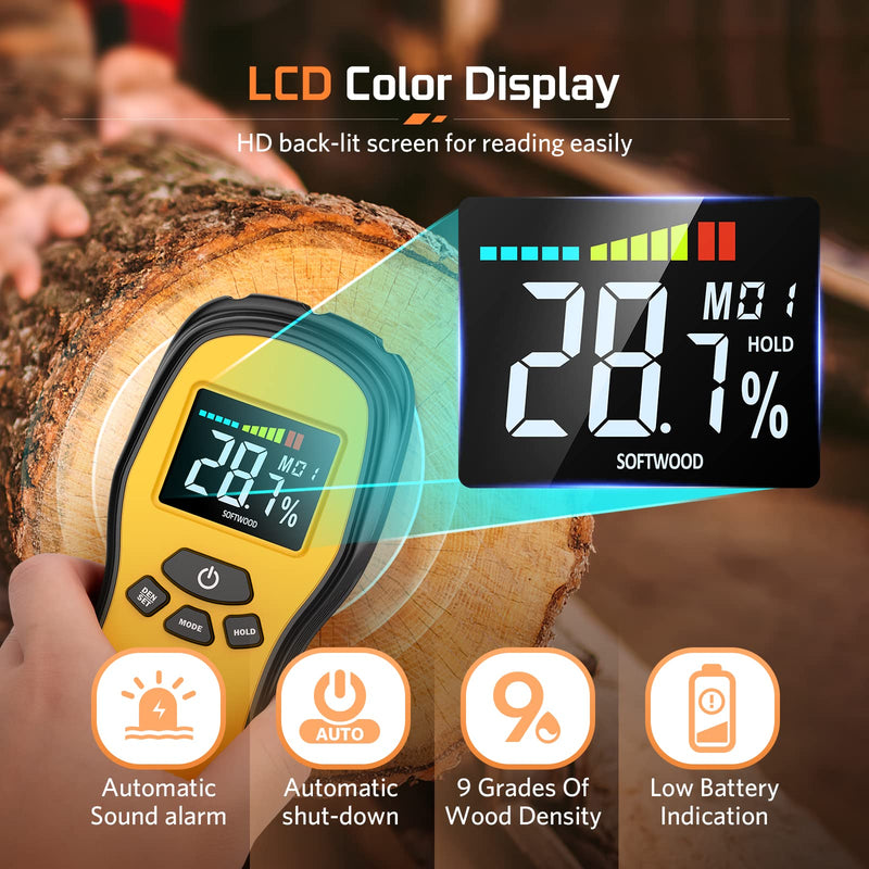 [Australia - AusPower] - Pinless Wood Moisture Meter Detection - Firewood Moisture Meter Digital Moisture Detector for Lumber Drywall Firewood Masonry Woodworking Plaster Floor Concrete Building with LCD Display Sound Alarm 