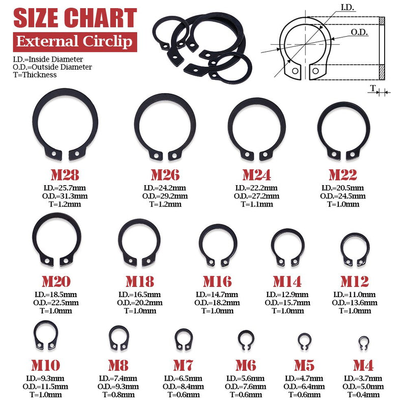 [Australia - AusPower] - Hilitchi 300-Pcs [15-Size] Alloy Steel External Circlip Snap Retaining Clip Ring Assortment Set 