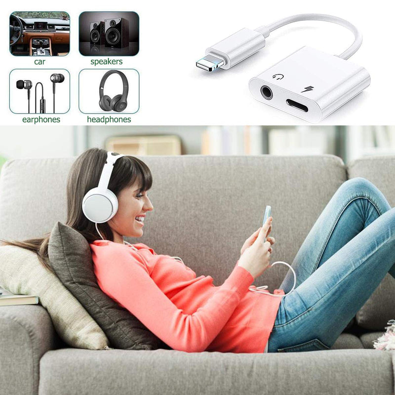 [Australia - AusPower] - 3.5 mm Headphone Jack & Charger Cable for iPhone Adapter, 2 in 1 Aux Cable Connector, for iPhone 12/11/11 Pro/XR/XS Max/X/8/7, Support All iOS Systems (White) 
