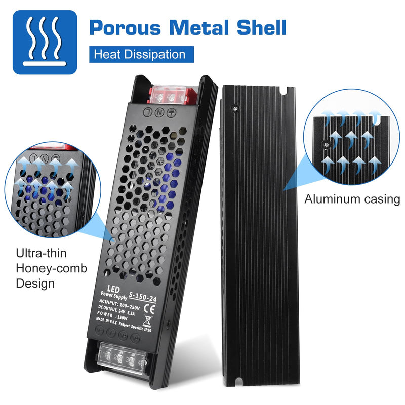 [Australia - AusPower] - PZETCEIR LED Driver 24V 150W 6.5A Slim LED Power Supply, AC 110V/240V to 24V DC Adapter, Constant Voltage LED Transformer for LED Strip Lights, LED Bulbs, Garden Light, LED Cabinet Lights 