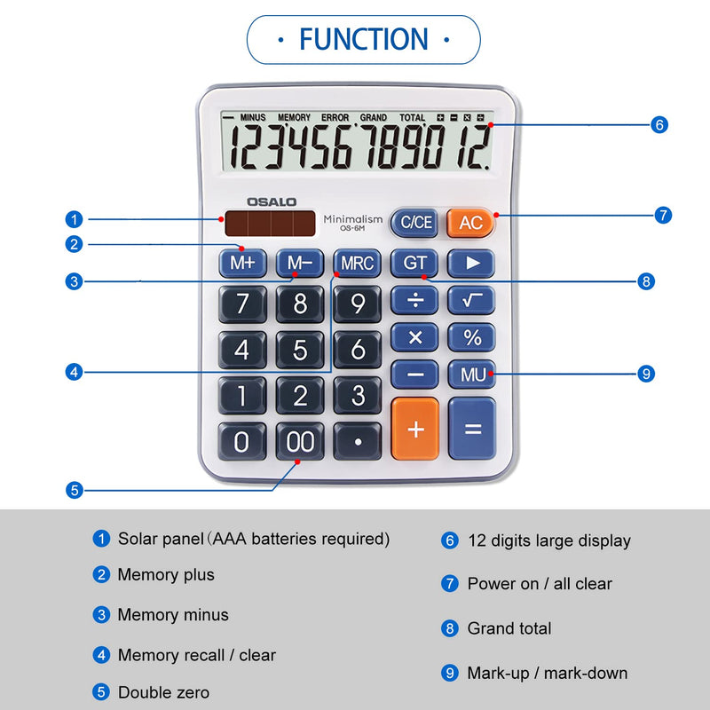 [Australia - AusPower] - Desktop Calculator Large LCD Display 12 Digit Number Handheld Portable Pocket Basic Calculator with Big Soft Sensitive Button, Battery and Solar Powered, for Office Home School Use(OS-6M) OS-6M 