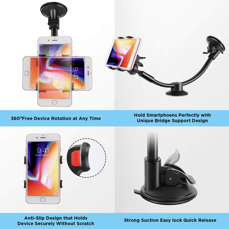 [Australia - AusPower] - IPOW Upgraded Truck Phone Mount Holder Universal 11 Inches Long Arm Windshield Dashboard Car Mount Cradle with Adjustable X Clamp&Ultra Dashboard Base for Smartphones 