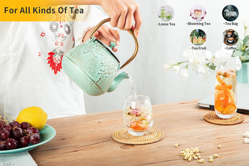 [Australia - AusPower] - Tea Kettle, TOPTIER Japanese Cast Iron Teapot with Stainless Steel Infuser, Cast Iron Tea Kettle Stovetop Safe, Leaf Design Teapot Coated with Enameled Interior for 32 Ounce (950 ml), Light Green 32 oz / 950 ml 