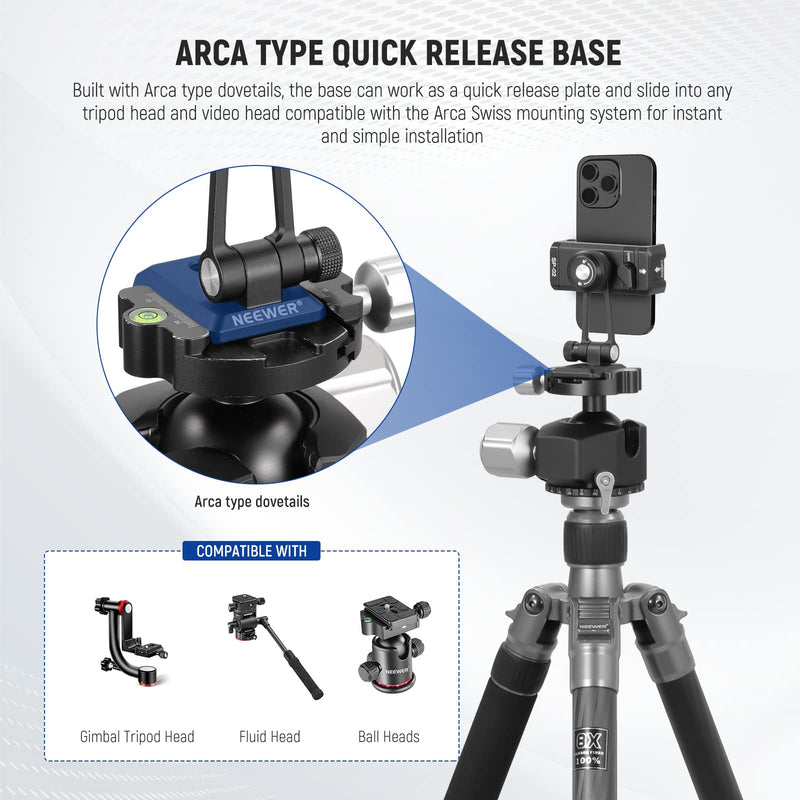 [Australia - AusPower] - NEEWER Phone Tripod Mount Adapter, Aluminum Phone Holder Clamp with Cold Shoe, 1/4" 3/8" Thread, Arca Type Base, 360° Pan 180° Tilt, Compatible with iPhone 14 13 Pro Max Mini X Xs Galaxy S23, SP-02 