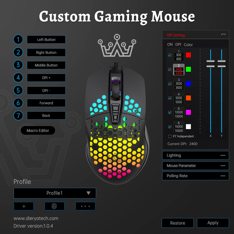 [Australia - AusPower] - DIERYA Falcon Honeycomb Gaming Mouse, 16000 DPI Optical Sensor, 70g Ultra-Lightweight RGB Backlit Ergonomic Wired Mouse with 7 Buttons Programmable Driver for Windows PC Gamer Designer (White) white 