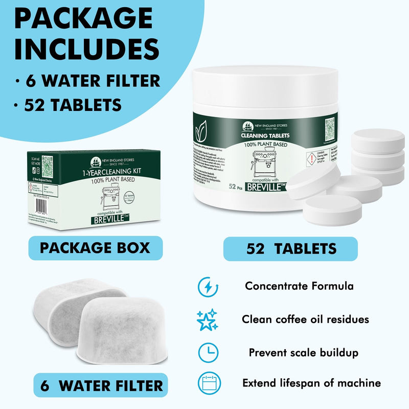 [Australia - AusPower] - New England Stories Breville Compatible Espresso Machine Water Filter Knit, 1 Year Espresso Clean Maintenance Kit, Includes 52 Cleaning Tablets & 6 Water Filter 