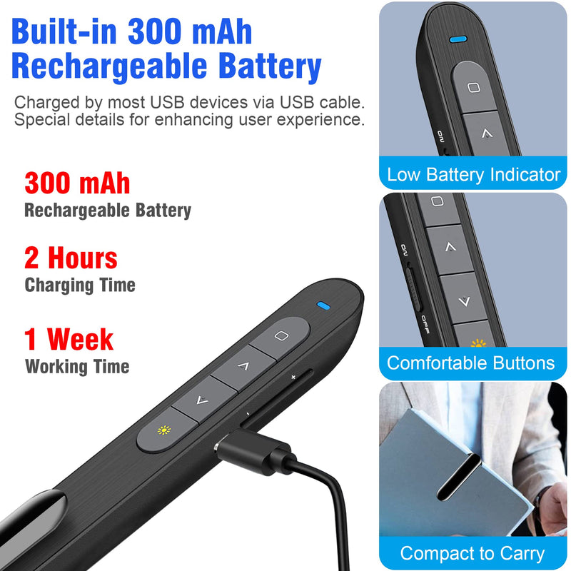 [Australia - AusPower] - Presentation Clicker for Powerpoint, Wireless Presenter Remote PowerPoint Clicker Pointer, 2.4GHz RF USB Rechargeable Presentation Pointer Slide Clicker with Hyperlink Volume Control(Red) 