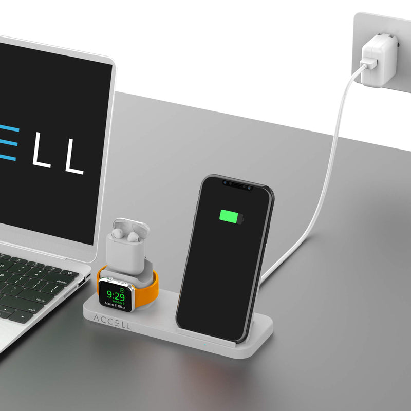 [Australia - AusPower] - Accell Power 3-in-1 Fast-Wireless Charger - 3 in 1 Wireless Charger for Smartphone, Apple Watch, and Airpods - Qi-Compatible, White, Small 3-in-1 Wireless Charger 