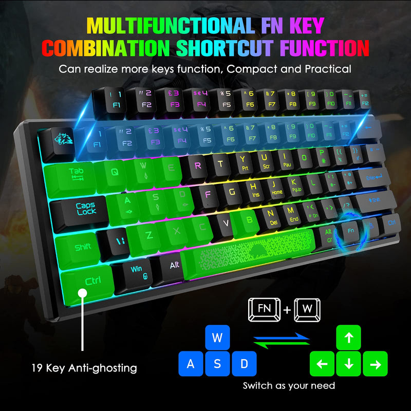 [Australia - AusPower] - ZIYOU LANG K61 60% Gaming Keyboard Mini Portable with Rainbow RGB Backlit Ergonomic 62Key Layout 19Key Anti-ghosting Mechanical Feel Waterproof USB Wired for PC Mac Windows Gamer Laptop Typists(Black) Black 