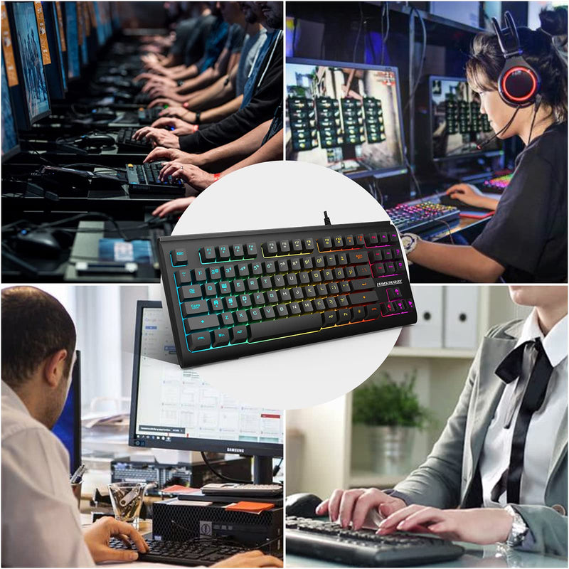 [Australia - AusPower] - Rainbow LED Backlit 87 Keys Gaming Keyboard, Compact Keyboard with 12 Multimedia Shortcut Keys USB Wired Keyboard for PC Gamers Office 