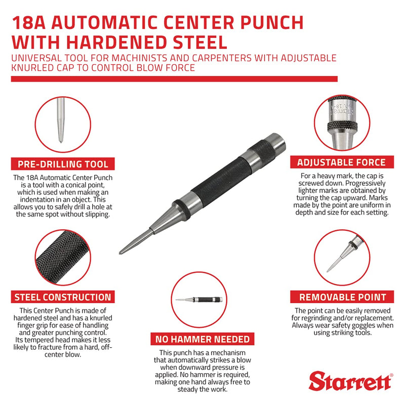 [Australia - AusPower] - Starrett 18A Automatic Center Punch with Hardened Steel Metal, Universal Tool for Machinists and Carpenters with Adjustable Knurled Cap to Control Blow Force, No. 4 Graduation 
