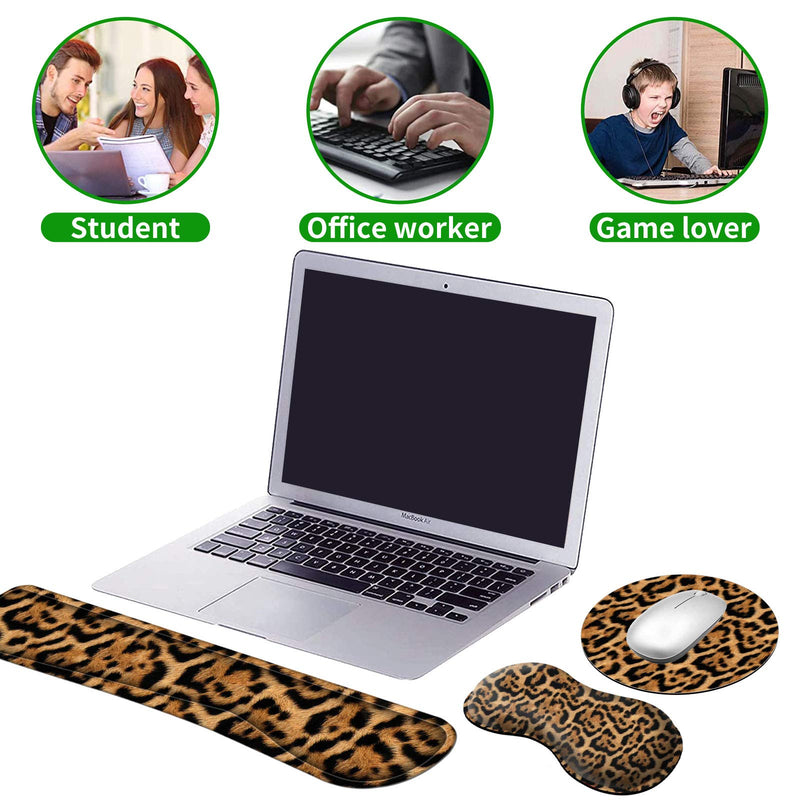 [Australia - AusPower] - Ergonomic Keyboard Wrist Rests Gel Memory Foam Mouse Pad with Round Mousepad + Coasters, Wrist Support Set with Non Slip Base for Gaming Office Laptop Easy Typing & Pain Relief, Leopard Print 