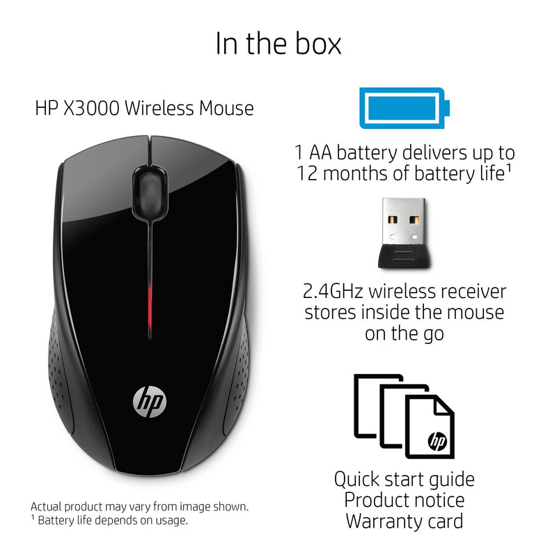 [Australia - AusPower] - HP Wireless Mouse X3000 G2 (28Y30AA, Black) up to 15-Month Battery,Scroll Wheel, Side Grips for Control, Travel-Friendly, Blue LED, Powerful 1600 DPI Optical Sensor, Win XP,8, 11 Compatible 