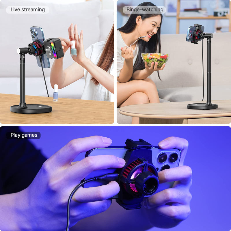 [Australia - AusPower] - ULANZI Phone Cooler for Live Streaming & Gaming w Adjustable Stand, Fast Phone Cooling Fan & Mobile Phone Radiator w 5 Layers Heat Dissipation Devices, Fit All Types of iPhone Android Smartphones 