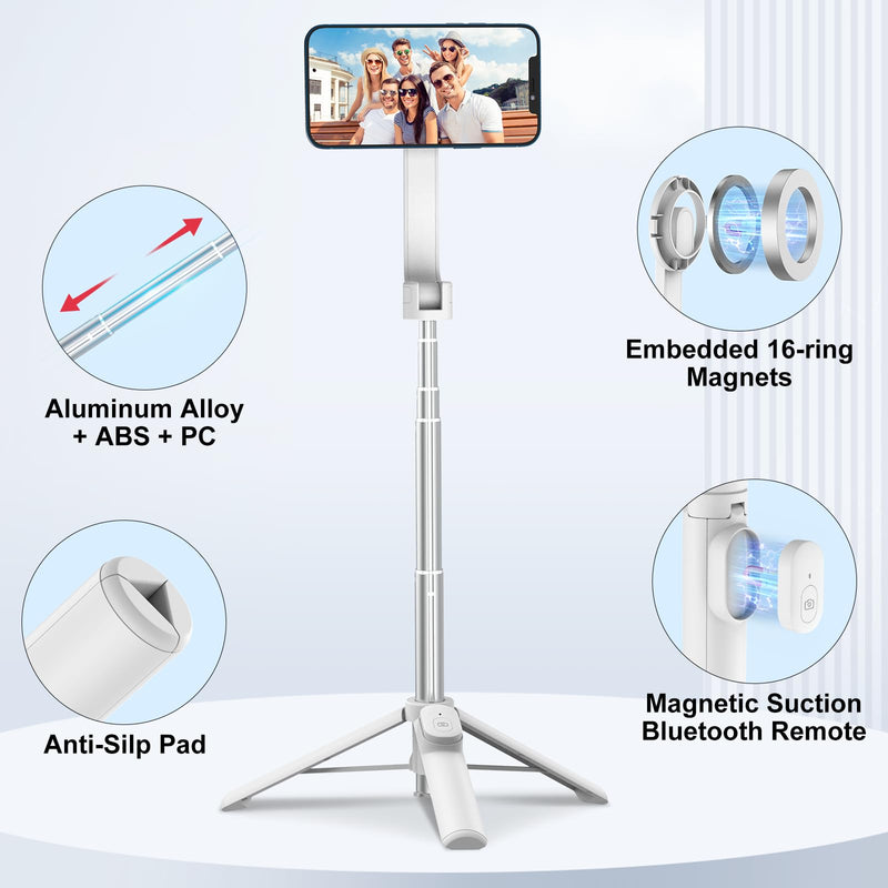 [Australia - AusPower] - FANTCOO Magnetic Selfie Stick, 44inch Extendable Cell Phone Tripod Stand with Remote for Vlogging, Portable Phone Tripod for iPhone 14 13 12 11 Series & All Smartphones (White) White 